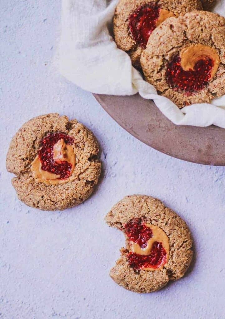 keto peanut butter and jelly cookies on a platter