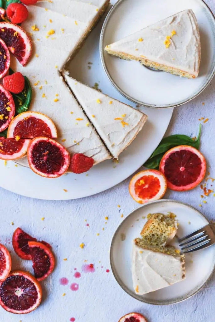 overhead of blood orange almond cake slices on plates