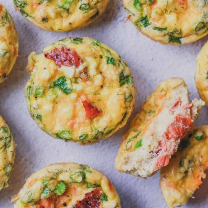 closeup of baked smoked salmon dill egg muffin