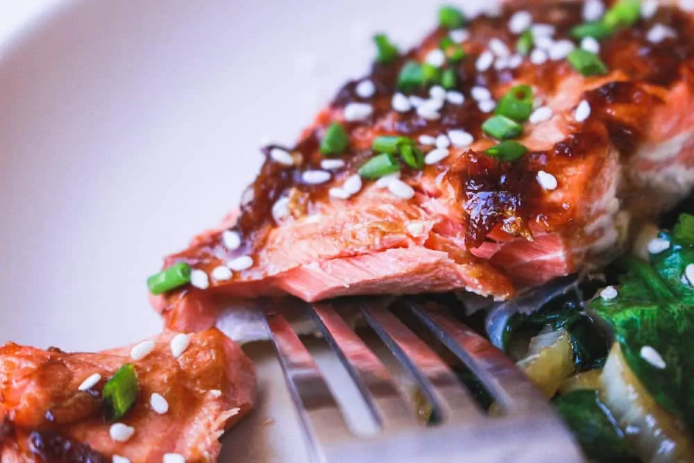 closeup of flaky ginger soy salmon