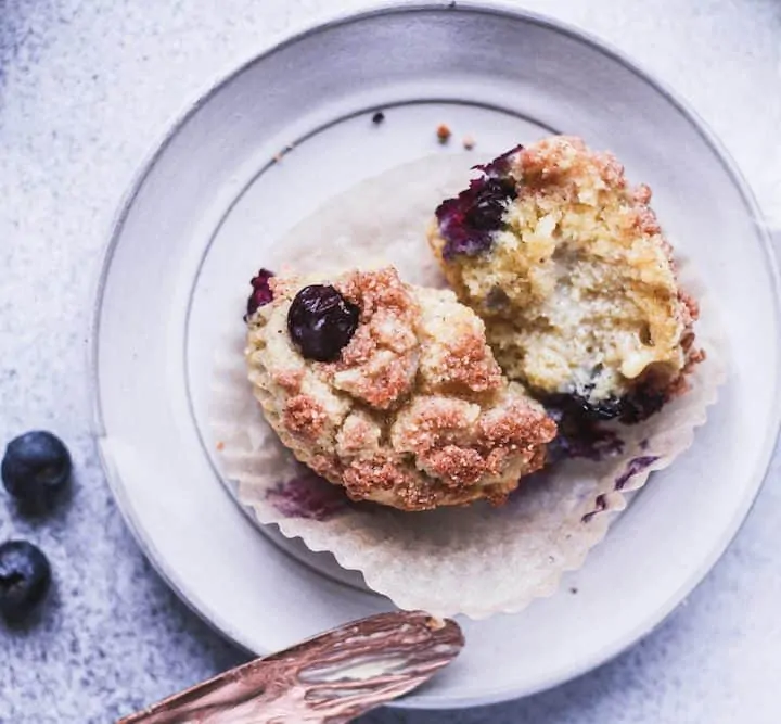 overhead of a keto blueberry muffin on a plate
