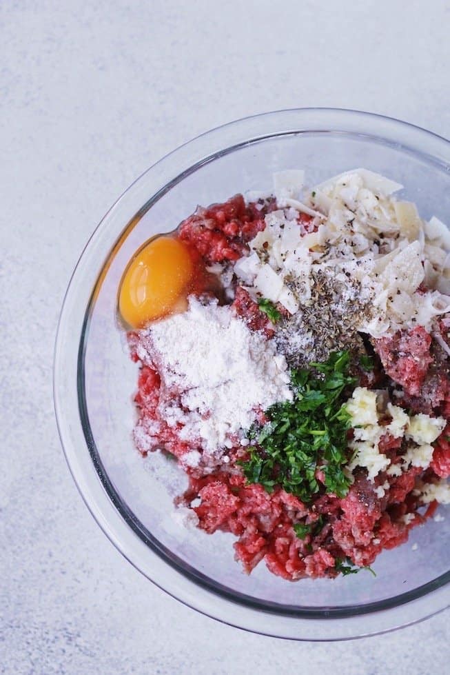 ingredients for meatball mixture in a bowl