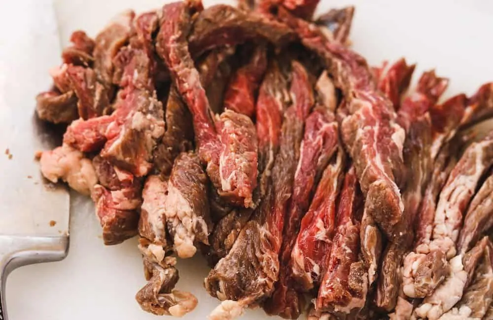 strips of flank steak cut up for low-carb beef bulgogi