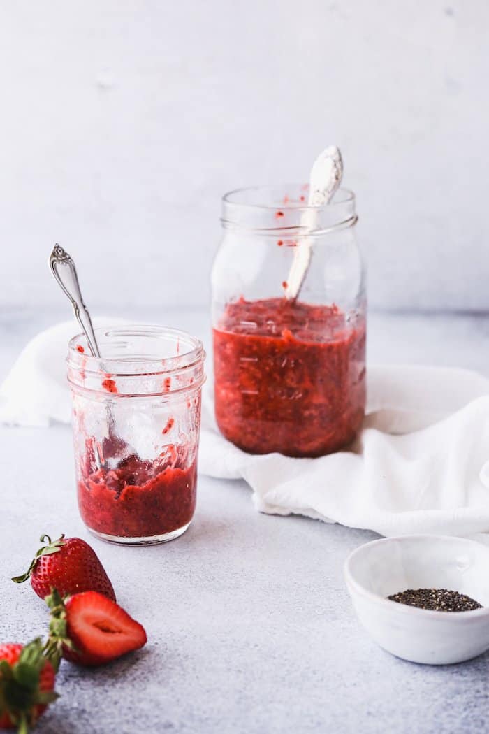 low-carb strawberry rhubarb chia jam in jars