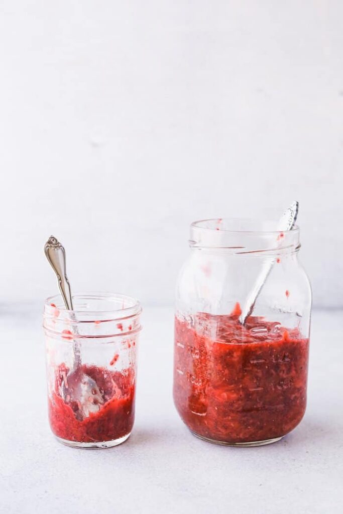 low-carb strawberry rhubarb chia jam in two jars