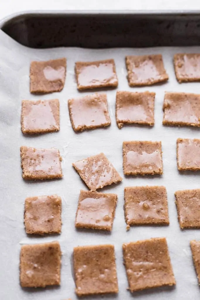 keto cinnamon toast crunch squares on a baking sheet