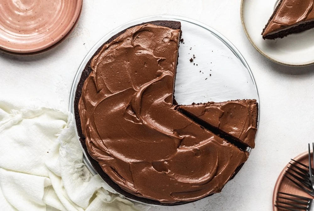 round keto chocolate cake with keto chocolate frosting