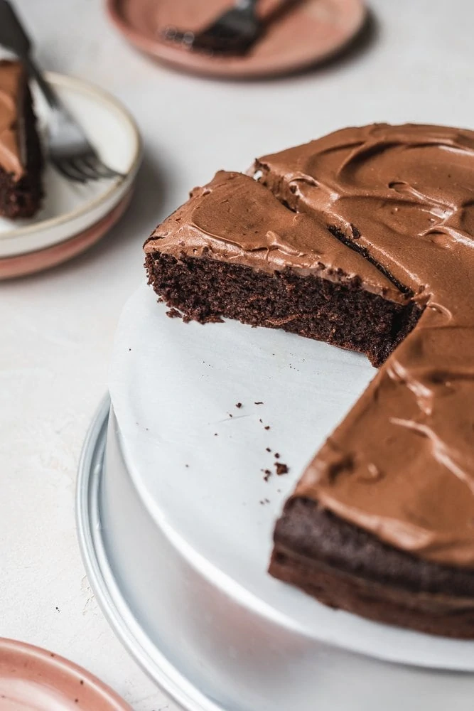 closeup of a slice of keto chocolate cake