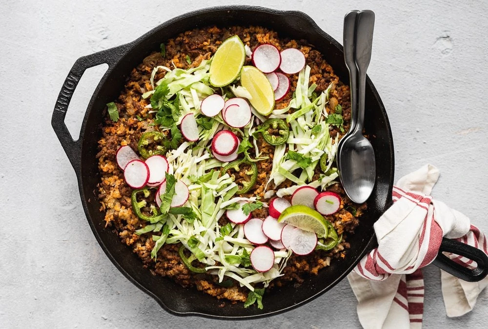 baked keto taco casserole with cabbage and radishes