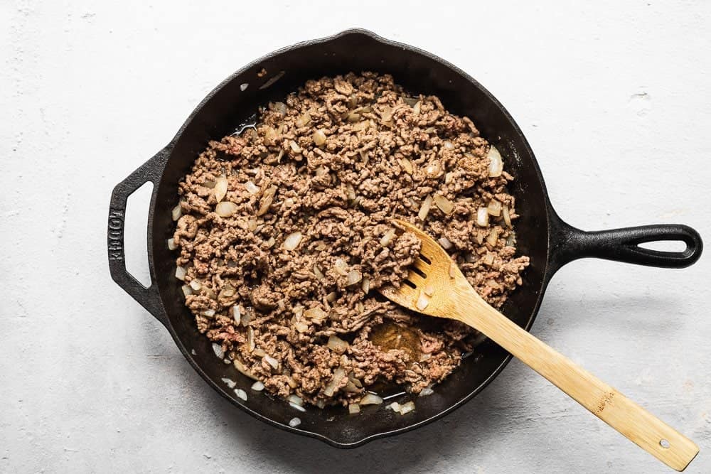 ground beef for keto taco casserole in a skillet