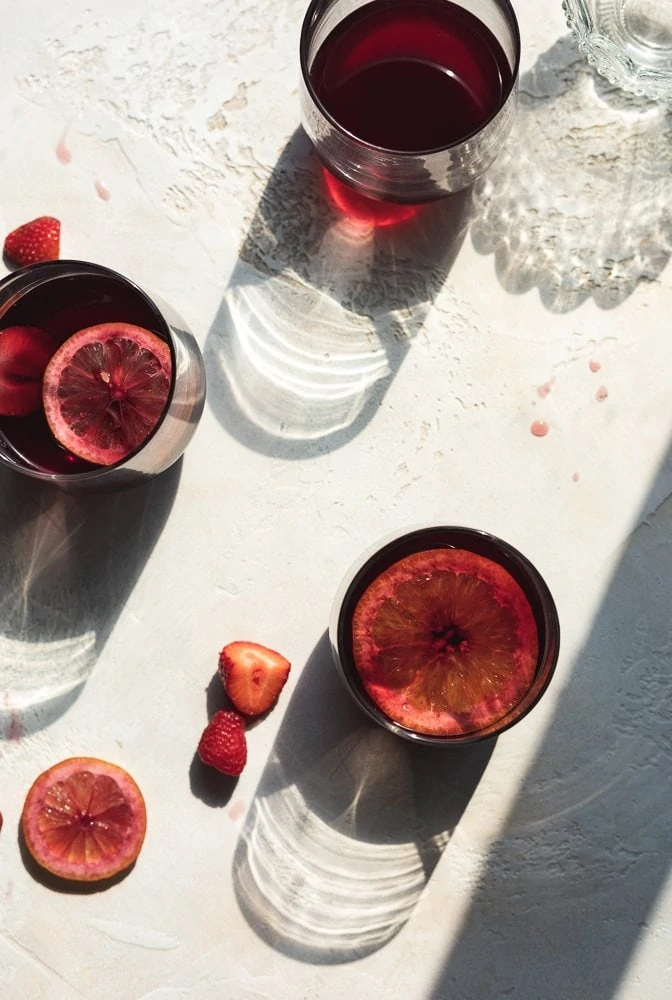 overhead shot of three glasses of low-carb red sangria