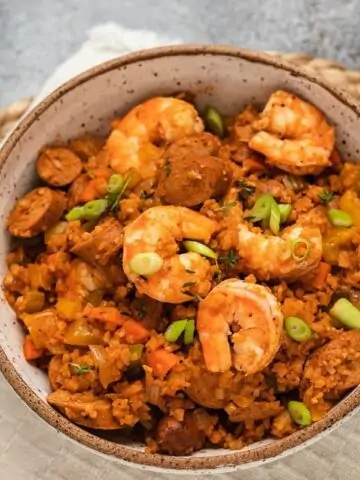 keto jambalaya in a bowl with spoons