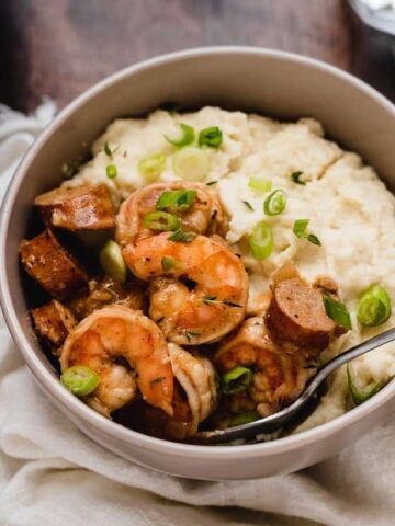 bowl with keto shrimp and grits and a spoon