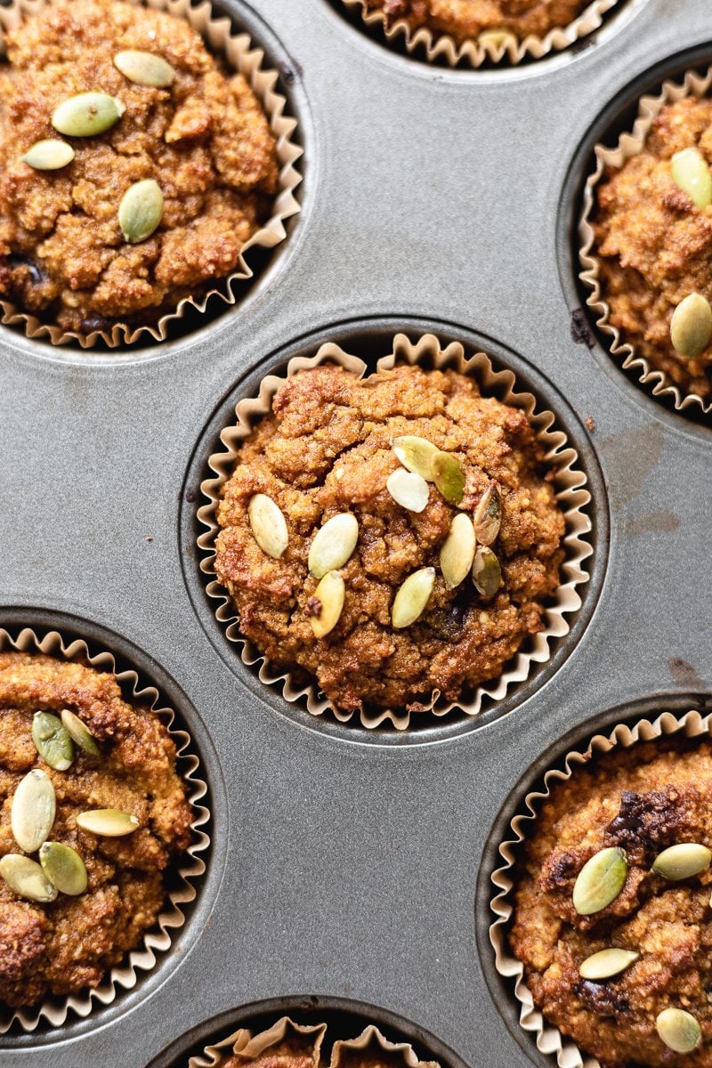 pumpkin almond flour muffins in muffin tin