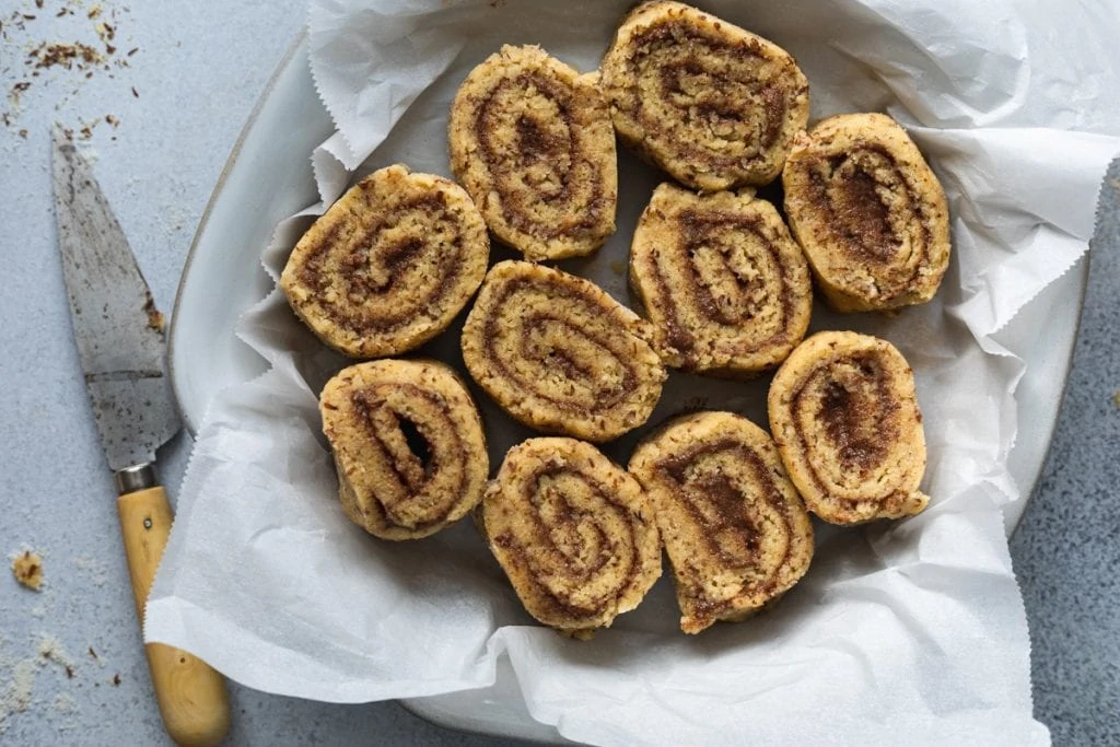keto cinnamon rolls in a pan before baking