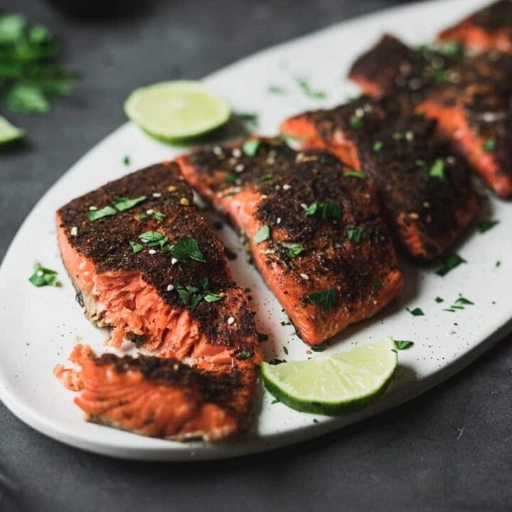 air fryer salmon pieces on a platter