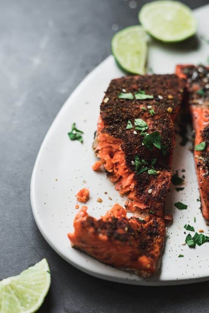 piece of air fryer salmon with coffee rub