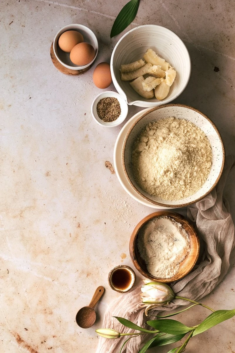 ingredients for low-carb banana bread recipe arranged in flatlay