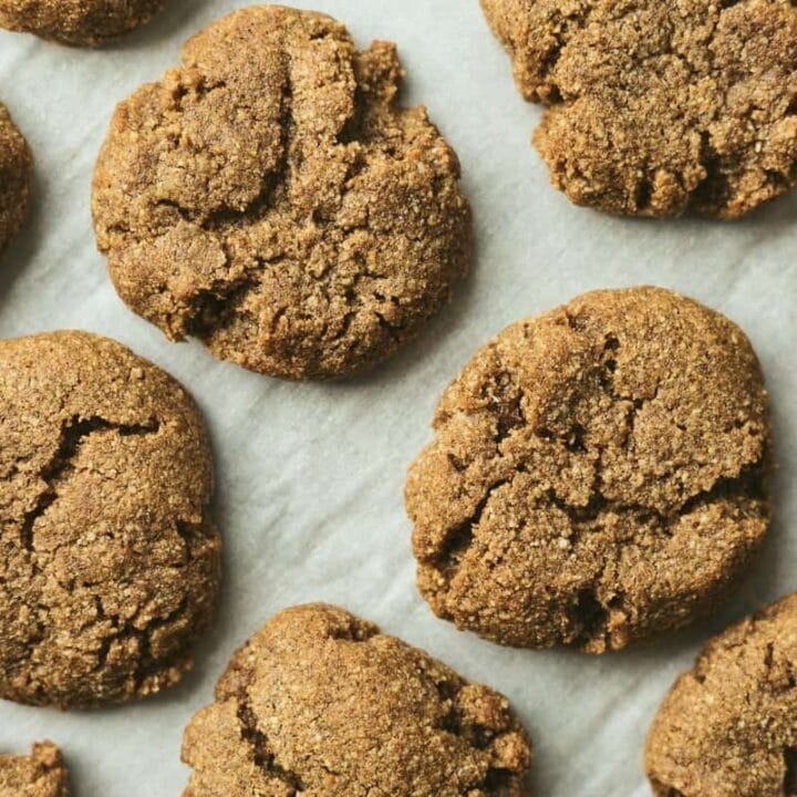 overhead shot of keto gingerbread cookies on baking sheet
