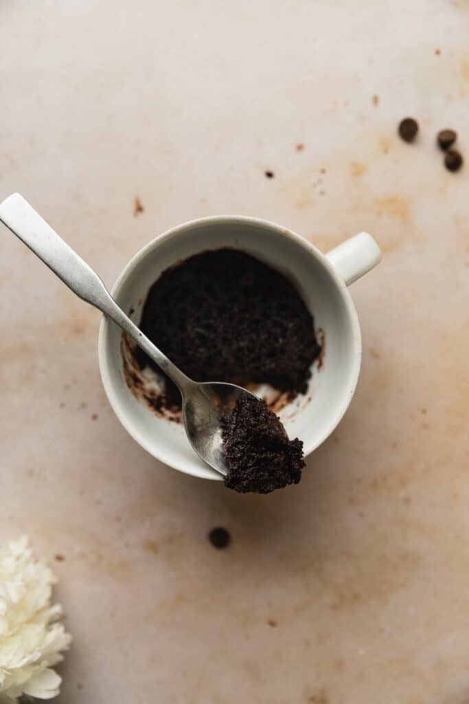 overhead shot of a spoon with mug brownie bite for keto mug cake recipe 