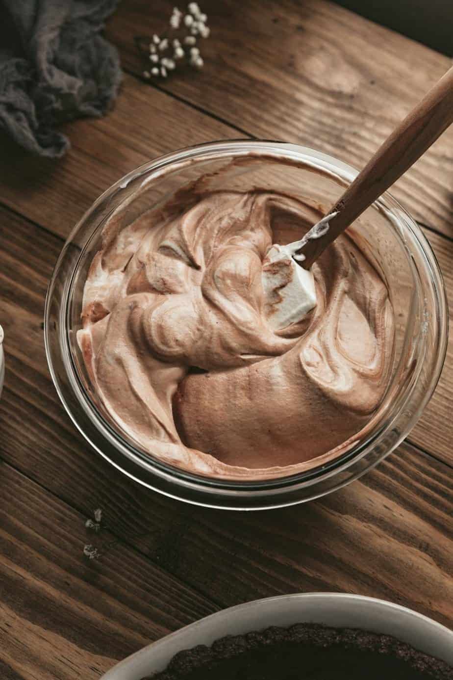 Keto French silk pie filling in a glass bowl.