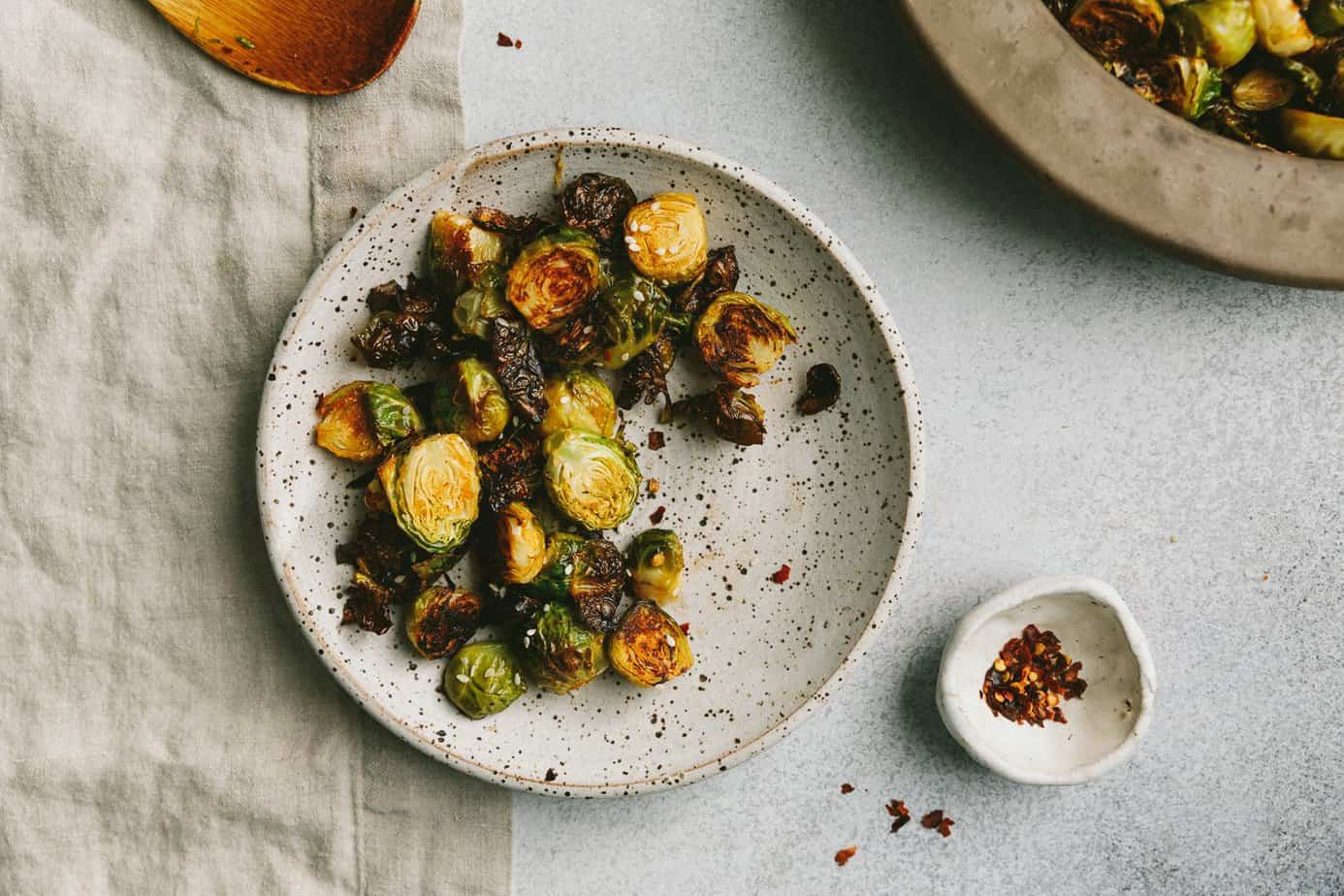 overhead of roasted Brussels sprouts
