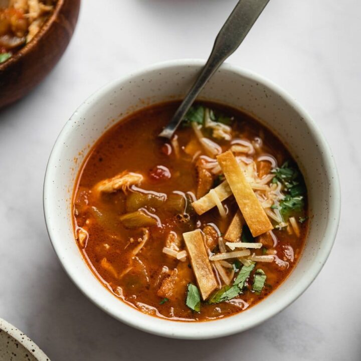 keto chicken tortilla soup in a bowl with toppings