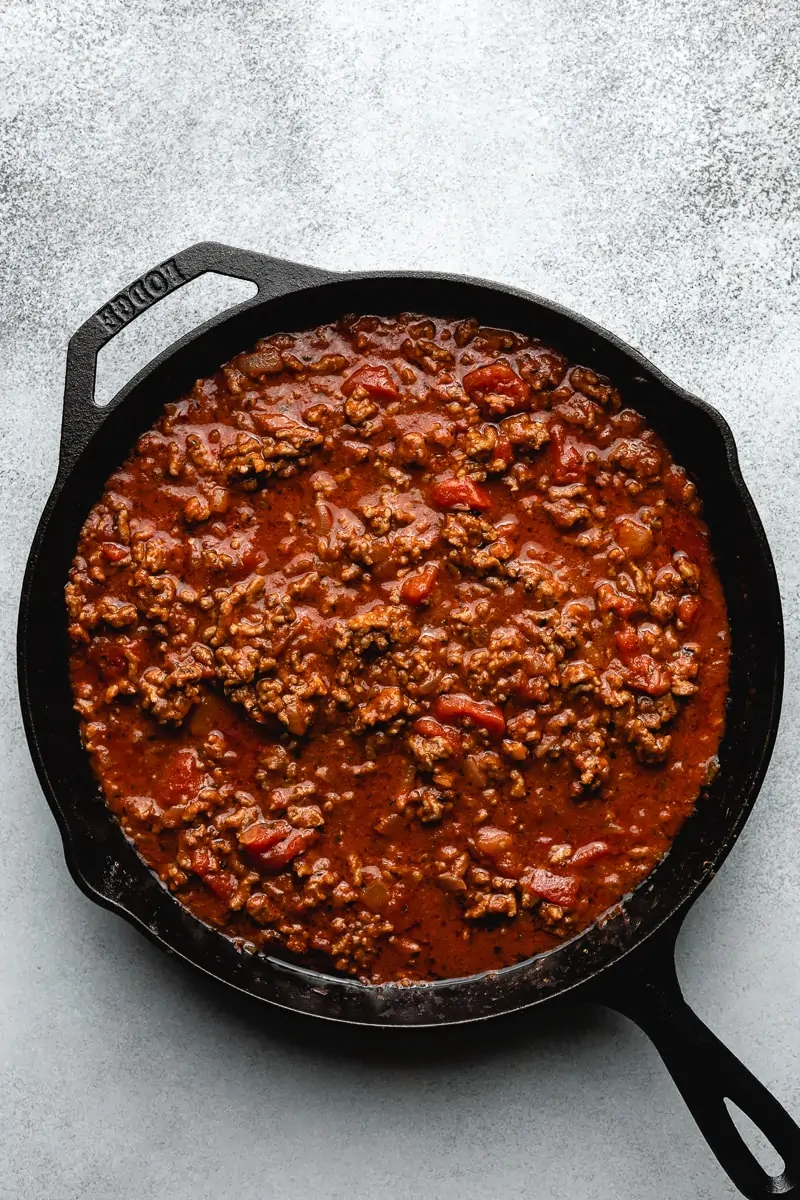 Low carb spaghetti sauce in a cast iron skillet. 