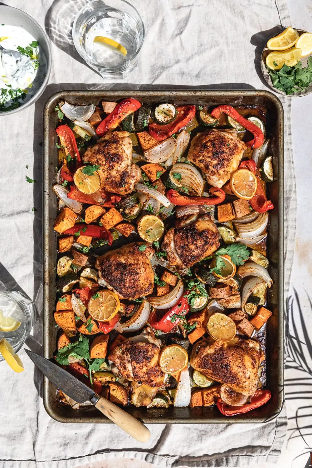 harissa chicken on sheet pan with roasted vegetables for keto chicken thigh recipes