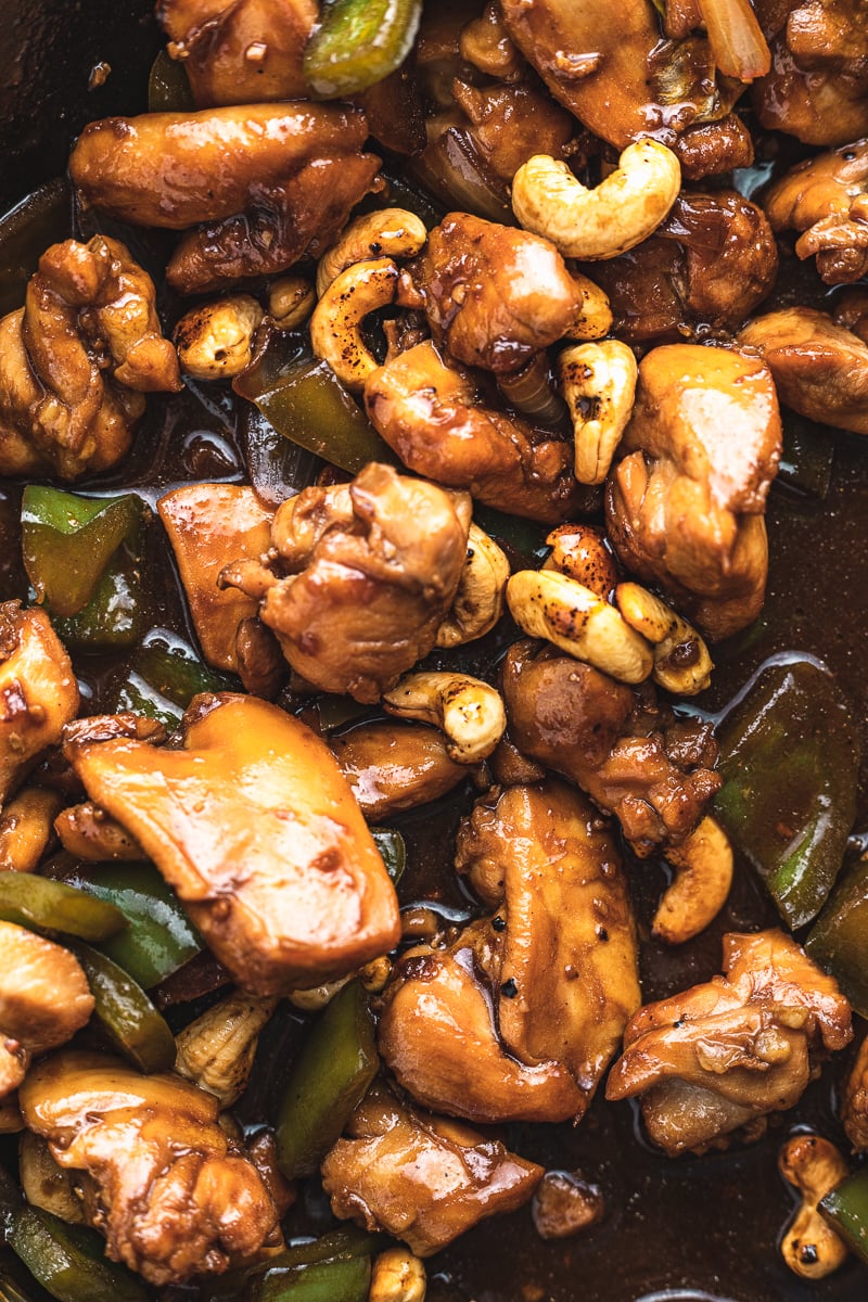 Closeup of keto cashew chicken in the pan.