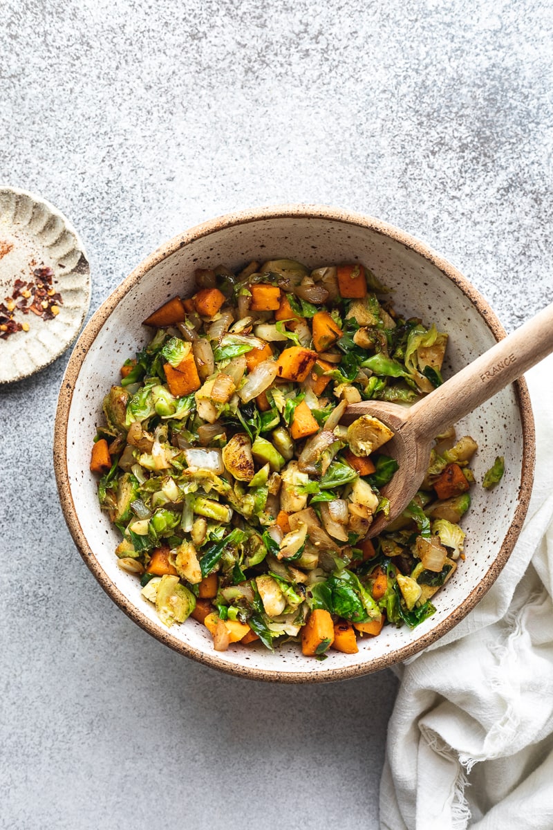 Brussels sprouts hash in a bowl without eggs