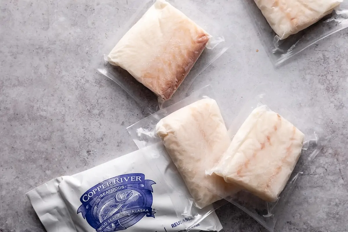 Copper River Seafoods halibut on counter with ice pack