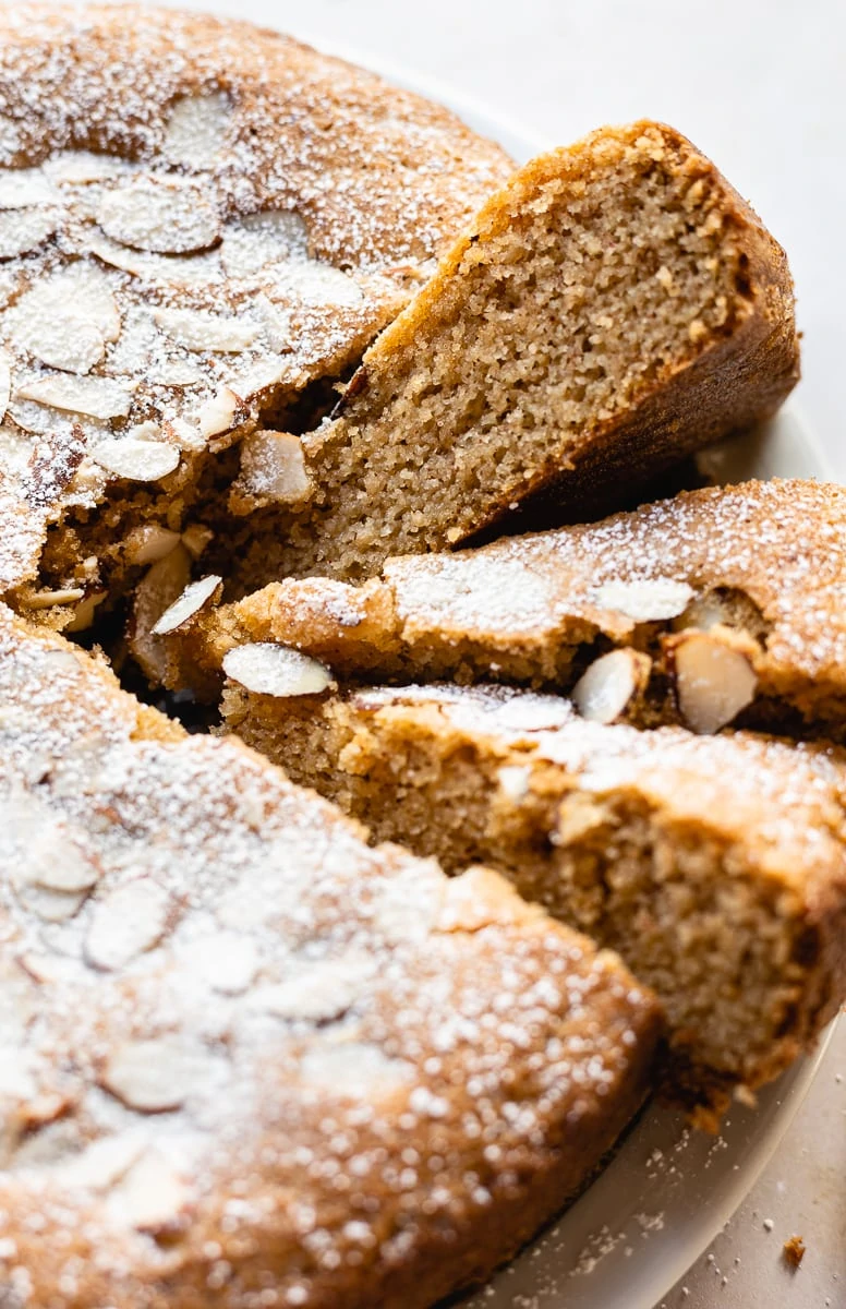 closeup of keto french almond cake slice