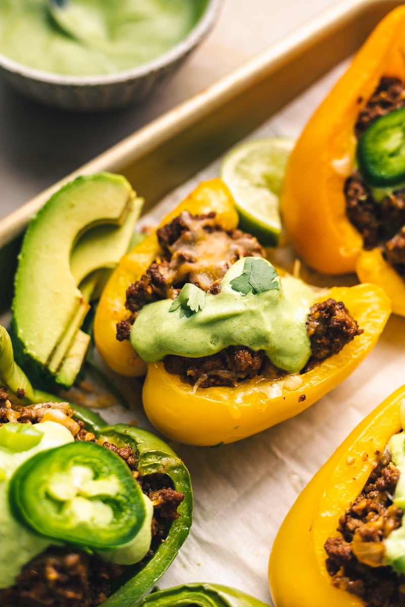 yellow taco stuffed pepper with cilantro crema