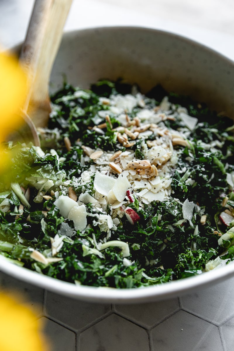 Large bowl of copycat kale salad from chick fil a.
