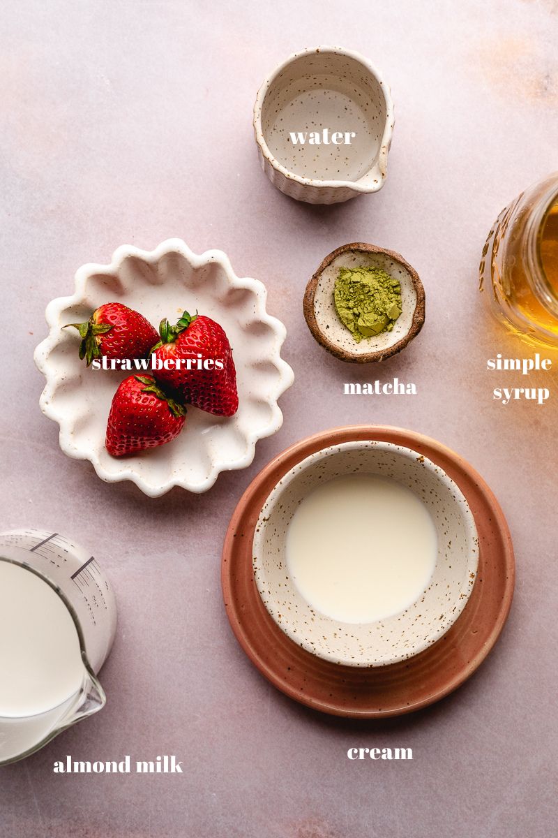 Ingredients for strawberry matcha latté.