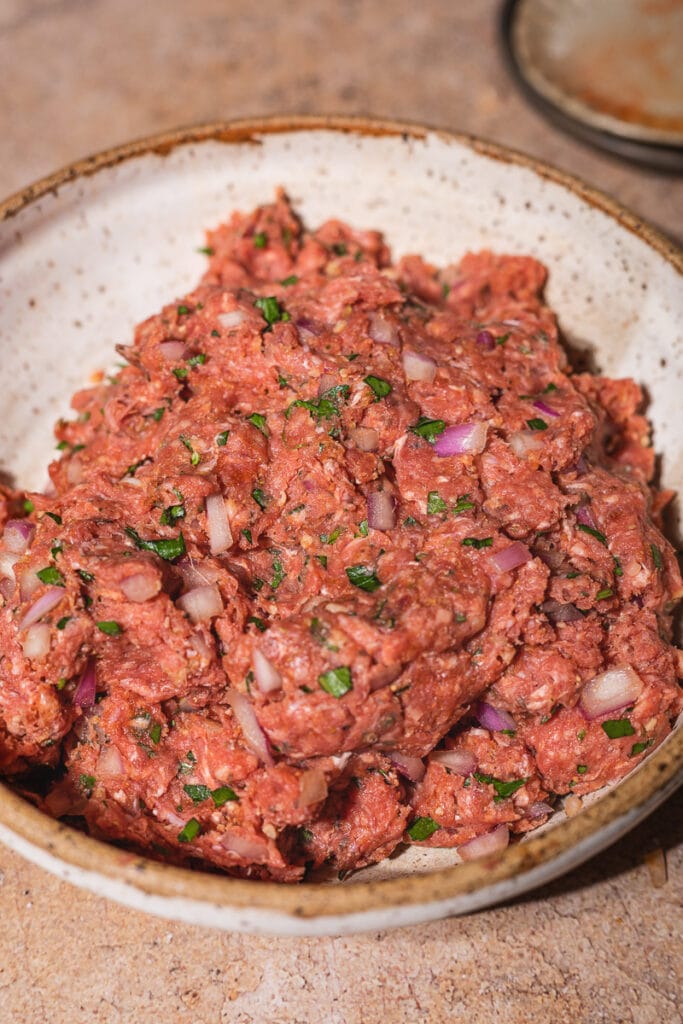 The ground beef kabob meat mixture in a bowl.