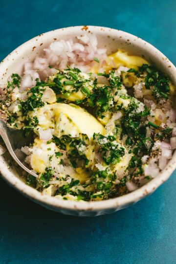 Closeup of spread mixture in a small dish.