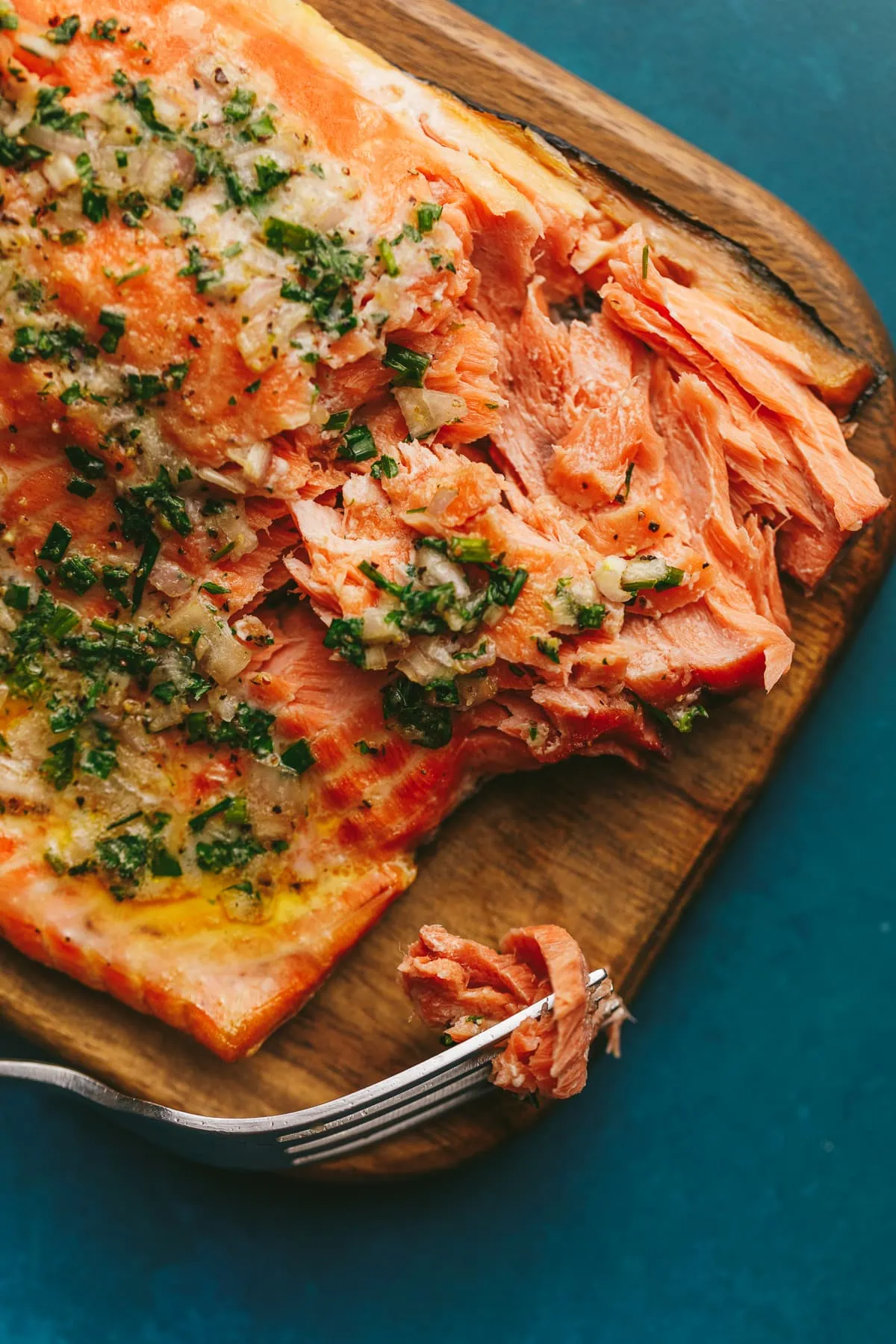 Closeup of Traeger salmon on a cutting board.