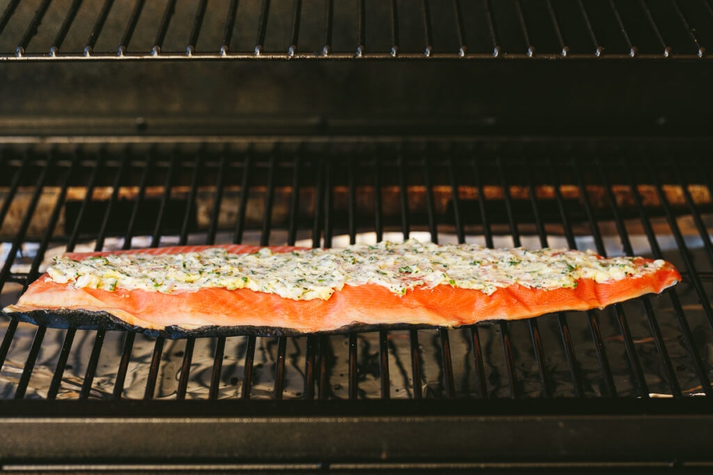 Salmon fillet on a Traeger grill.