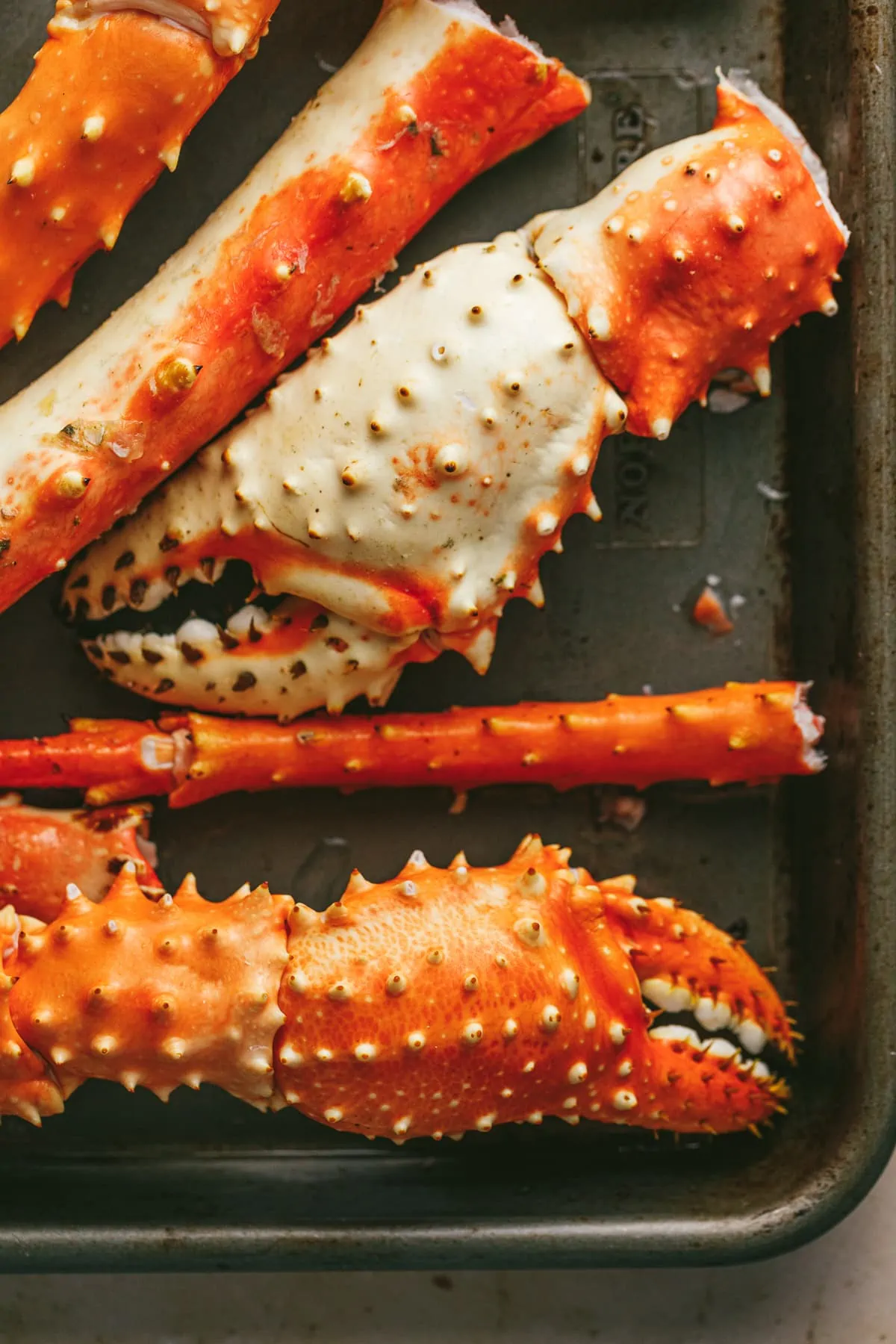 Closeup of king crab legs and claws.