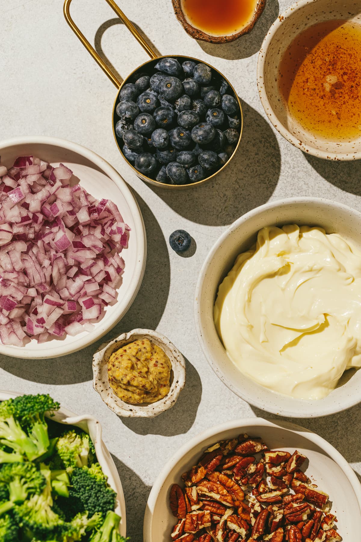 Ingredients for broccoli crunch salad recipe.
