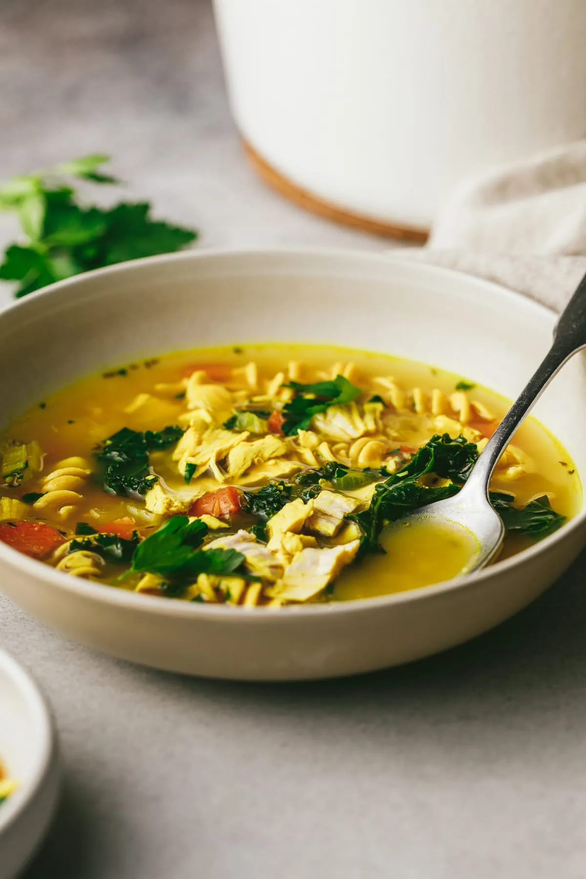 A white bowl with keto chicken noodle soup and a spoon.