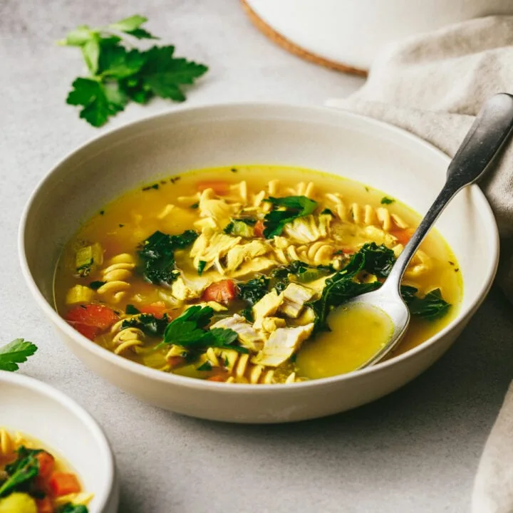 Keto chicken noodle soup in a white bowl with parsley on top.