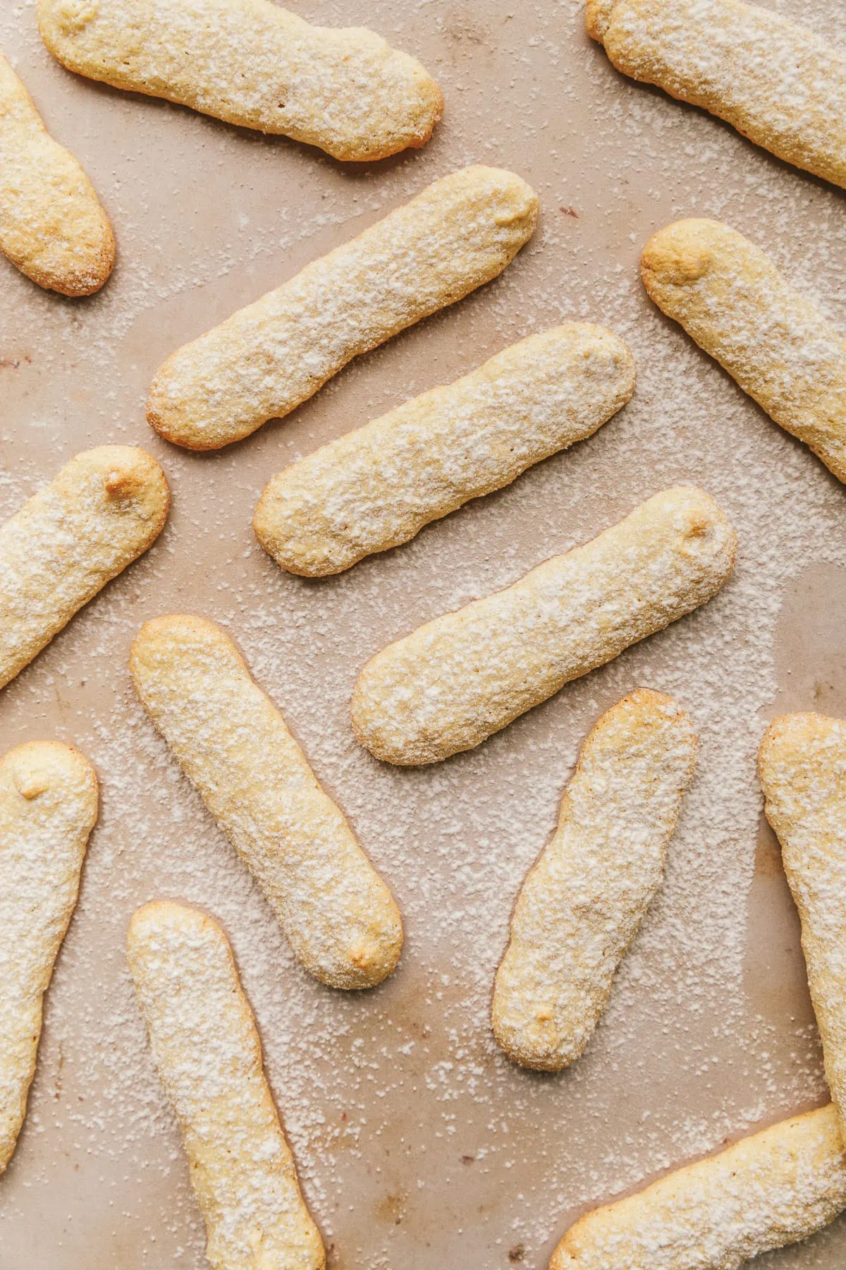 Overhead shot of sugar free ladyfingers with a dusting of powdered sweetener.