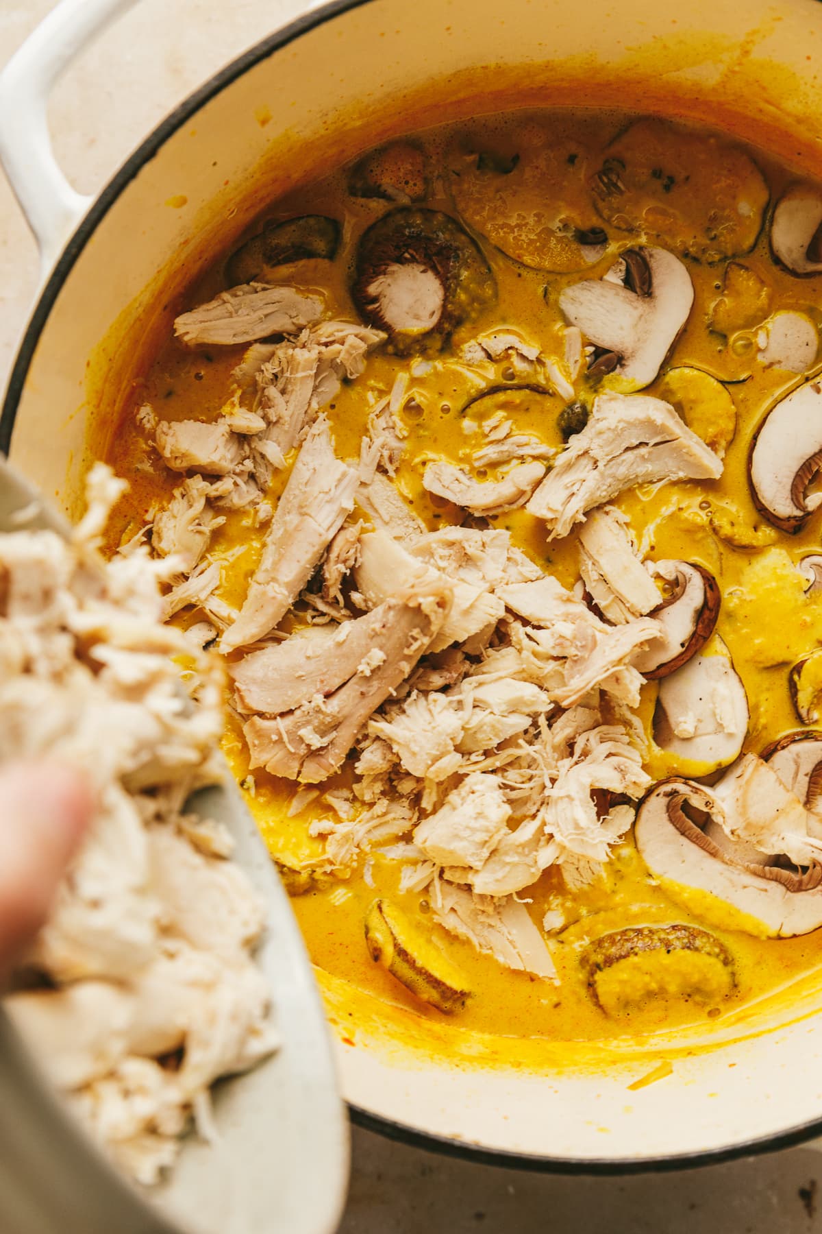 Pouring chicken into the pot of curry.