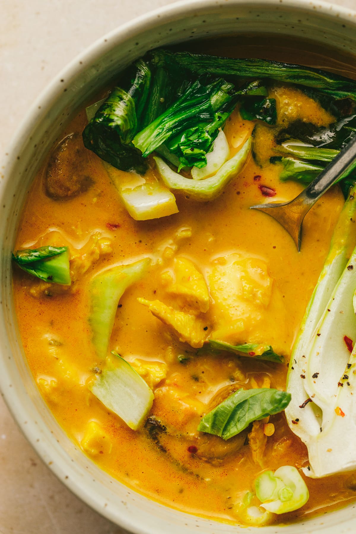 Closeup of ingredients in a bowl of keto coconut chicken curry.