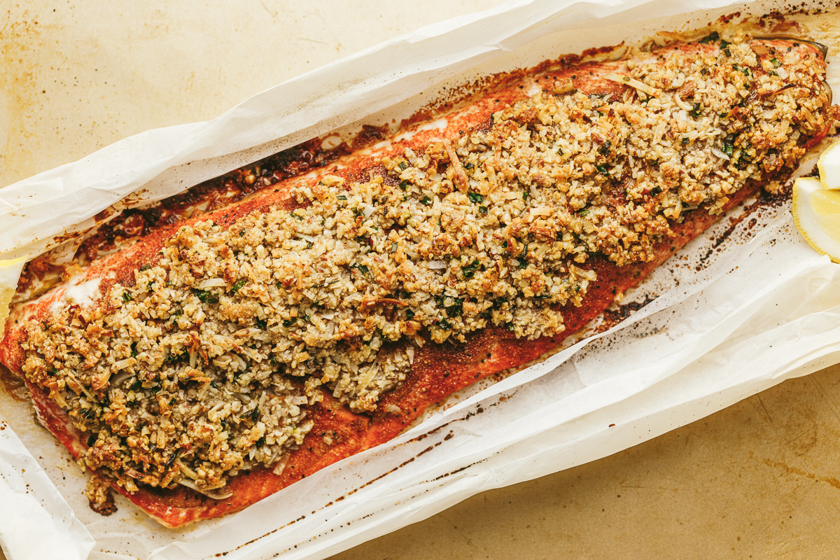 A whole side of salmon with pecan coconut crust.