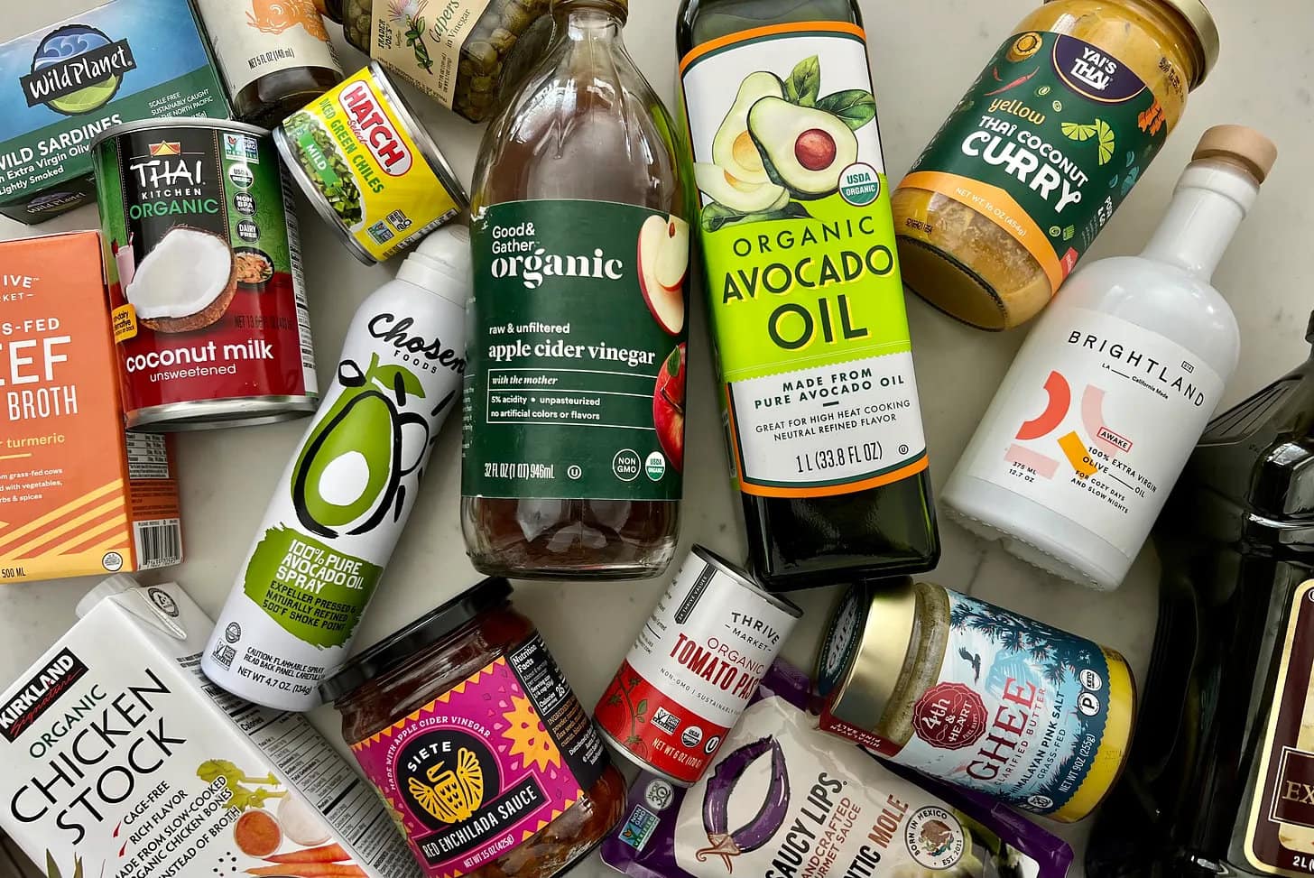 Pantry staples on a marble counter top.