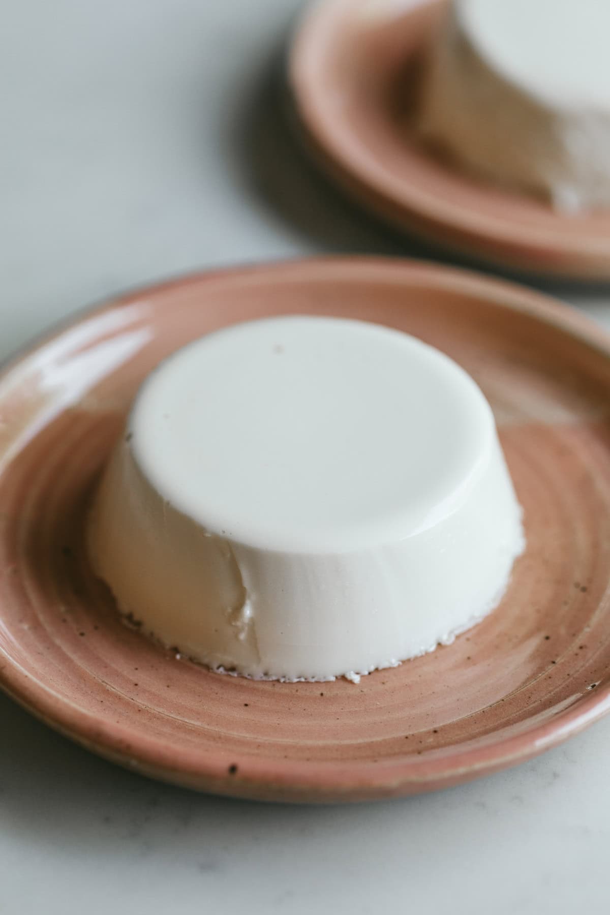 Coconut panna cotta on a pink dessert plate served plain.